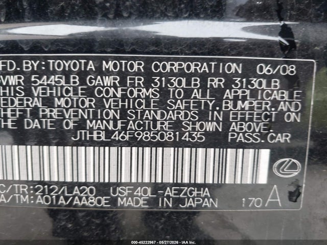 Продаж на аукціоні авто 2008 Lexus Ls 460, vin: JTHBL46F985081435, номер лоту: 45222967