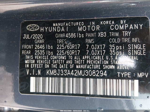 Продажа на аукционе авто 2021 Hyundai Tucson Value, vin: KM8J33A42MU308294, номер лота: 45222969