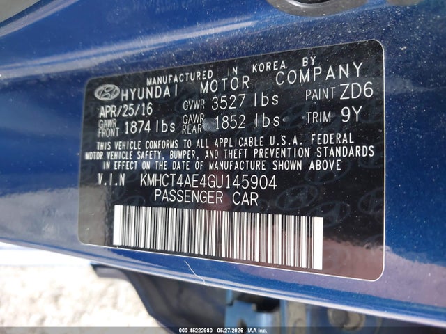 2016 Hyundai Accent Se მანქანა იყიდება აუქციონზე, vin: KMHCT4AE4GU145904, აუქციონის ნომერი: 45222980