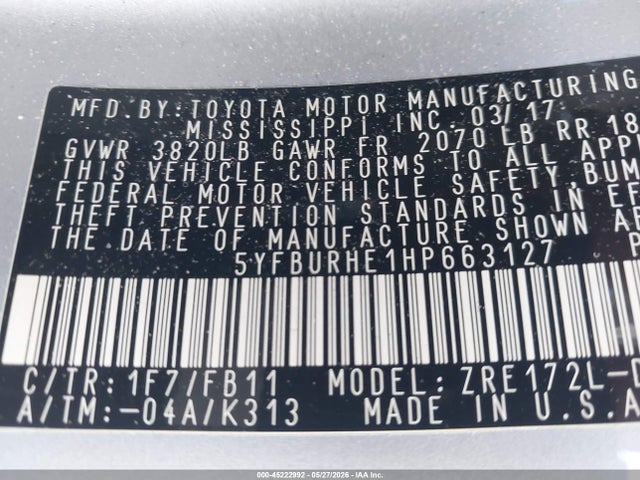 45222992 :رقم المزاد ، 5YFBURHE1HP663127 vin ، 2017 Toyota Corolla Le مزاد بيع