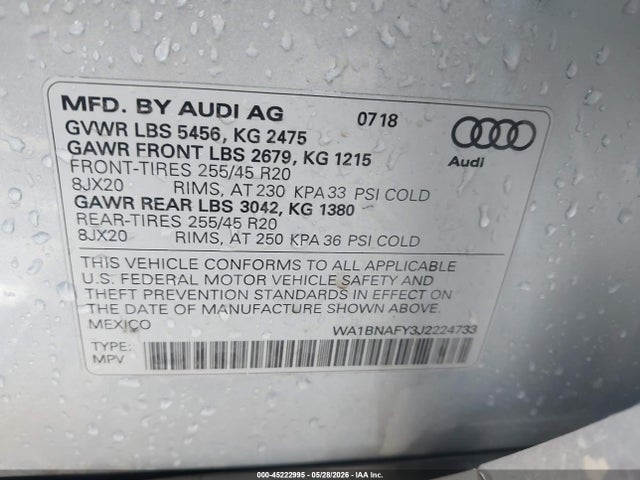 Aukcja sprzedaży 2018 Audi Q5 2.0t Premium, vin: WA1BNAFY3J2224733, numer aukcji: 45222995