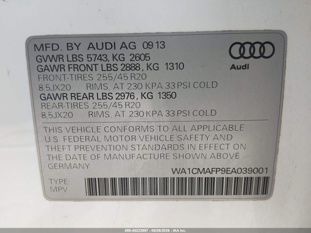 2014 Audi Q5 3.0 Tdi Premium Plus მანქანა იყიდება აუქციონზე, vin: WA1CMAFP9EA039001, აუქციონის ნომერი: 45222997