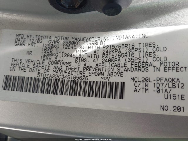 Продажа на аукционе авто 2004 Toyota Sienna Xle, vin: 5TDZA22C34S105626, номер лота: 45222999