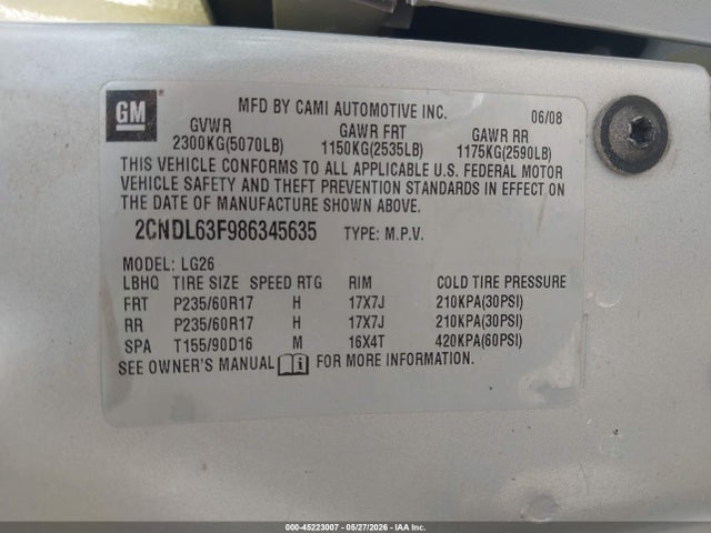 Продажа на аукционе авто 2008 Chevrolet Equinox Lt, vin: 2CNDL63F986345635, номер лота: 45223007