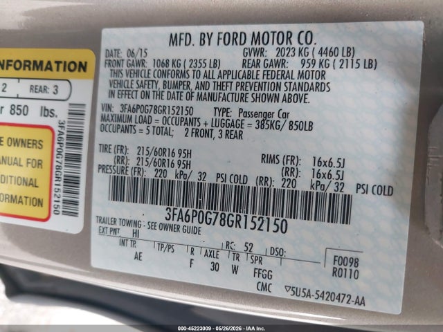 45223009 :رقم المزاد ، 3FA6P0G78GR152150 vin ، 2016 Ford Fusion S مزاد بيع