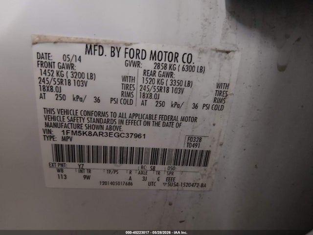 2014 Ford Utility Police Interceptor მანქანა იყიდება აუქციონზე, vin: 1FM5K8AR3EGC37961, აუქციონის ნომერი: 45223017