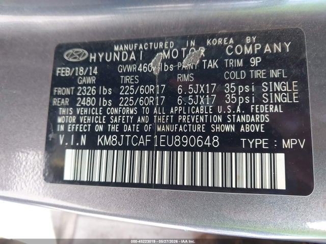 45223019 :رقم المزاد ، KM8JTCAF1EU890648 vin ، 2014 Hyundai Tucson Gls مزاد بيع