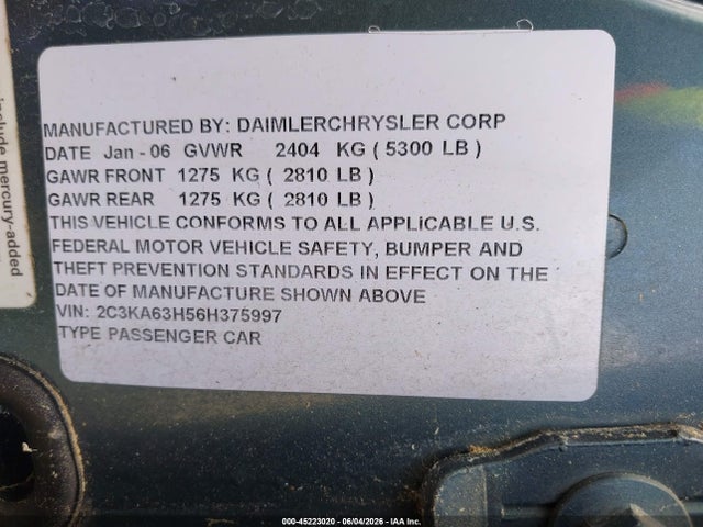 Aukcja sprzedaży 2006 Chrysler 300c, vin: 2C3KA63H56H375997, numer aukcji: 45223020