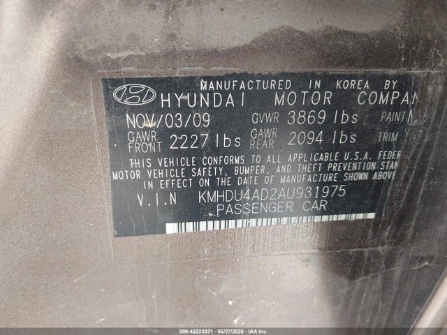 Продажа на аукционе авто 2010 Hyundai Elantra Gls, vin: KMHDU4AD2AU931975, номер лота: 45223021