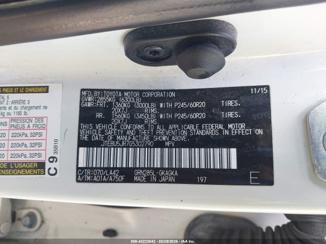 Продаж на аукціоні авто 2016 Toyota 4runner Limited, vin: JTEBU5JR7G5302790, номер лоту: 45223042