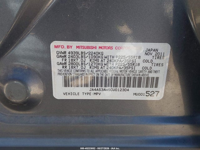 Aukcja sprzedaży 2012 Mitsubishi Outlander Se, vin: JA4AS3AW9CU012304, numer aukcji: 45223052