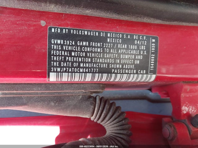 2012 Volkswagen Beetle 2.5l მანქანა იყიდება აუქციონზე, vin: 3VWJP7AT0CM641777, აუქციონის ნომერი: 45223054
