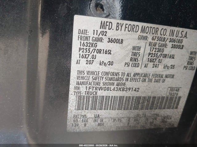 45223055 :رقم المزاد ، 1FTRW08L43KB39142 vin ، 2003 Ford F-150 Lariat/xlt مزاد بيع