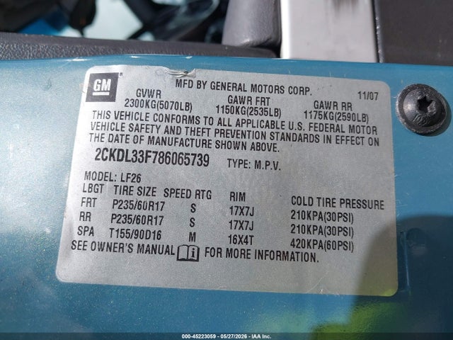 45223059 :رقم المزاد ، 2CKDL33F786065739 vin ، 2008 Pontiac Torrent مزاد بيع