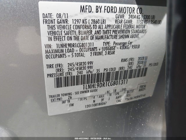 2012 Lincoln Mks მანქანა იყიდება აუქციონზე, vin: 1LNHL9DR1CG801311, აუქციონის ნომერი: 45223062