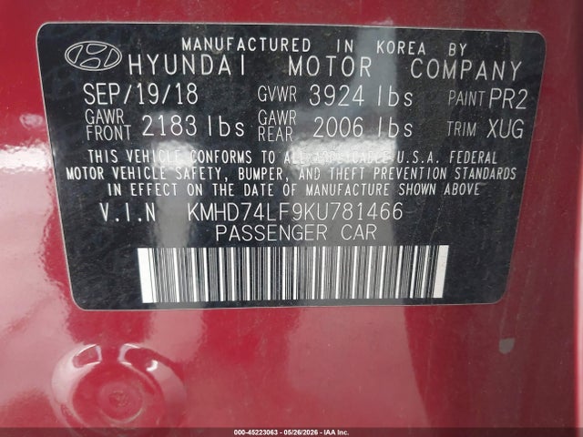 Продажа на аукционе авто 2019 Hyundai Elantra Se, vin: KMHD74LF9KU781466, номер лота: 45223063
