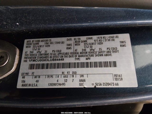Aukcja sprzedaży 2020 Ford Escape Se, vin: 1FMCU0G63LUB84449, numer aukcji: 45223066