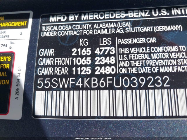 Aukcja sprzedaży 2015 Mercedes-benz C 300 4matic, vin: 55SWF4KB6FU039232, numer aukcji: 45223067