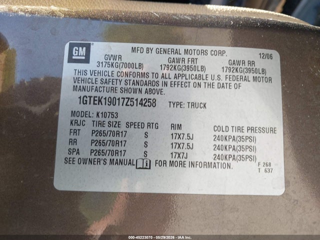 Auction sale of the 2007 Gmc Sierra 1500 Sle1, vin: 1GTEK19017Z514258, lot number: 45223070