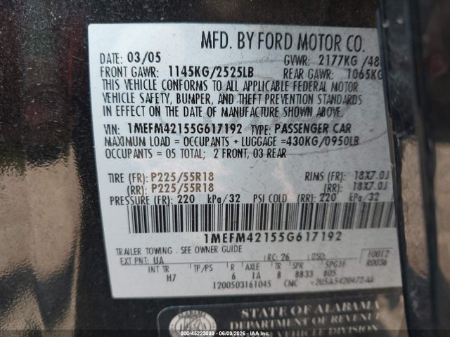 2005 Mercury Montego Premier მანქანა იყიდება აუქციონზე, vin: 1MEFM42155G617192, აუქციონის ნომერი: 45223099