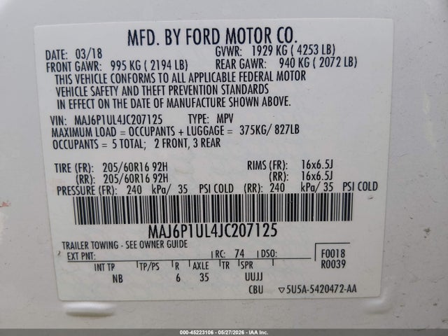 Aukcja sprzedaży 2018 Ford Ecosport Se, vin: MAJ6P1UL4JC207125, numer aukcji: 45223106