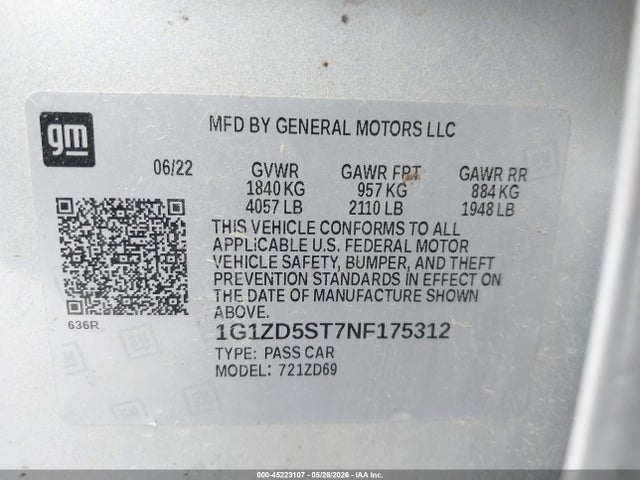 Aukcja sprzedaży 2022 Chevrolet Malibu Fwd Lt, vin: 1G1ZD5ST7NF175312, numer aukcji: 45223107