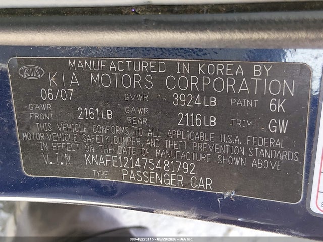 2007 Kia Spectra Ex მანქანა იყიდება აუქციონზე, vin: KNAFE121475481792, აუქციონის ნომერი: 45223115