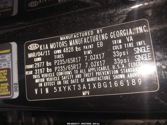 2011 Kia Sorento Lx მანქანა იყიდება აუქციონზე, vin: 5XYKT3A1XBG166189, აუქციონის ნომერი: 45223117