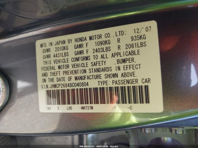 Aukcja sprzedaży 2008 Honda Accord 2.4 Ex-l, vin: JHMCP26848C040804, numer aukcji: 45223121