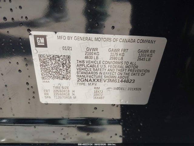 Продажа на аукционе авто 2021 Chevrolet Equinox Awd Premier, vin: 2GNAXXEV3M6144823, номер лота: 45223124