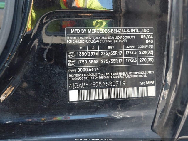 45223132 :رقم المزاد ، 4JGAB57E95A530719 vin ، 2005 Mercedes-benz Ml 350 4matic مزاد بيع