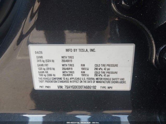 45223138 :رقم المزاد ، 7SAYGDED0TA686192 vin ، 2026 Tesla Model Y Premium Rear-wheel Drive/rear-wheel Drive مزاد بيع