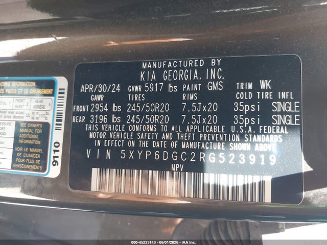 Auction sale of the 2024 Kia Telluride S, vin: 5XYP6DGC2RG523919, lot number: 45223140