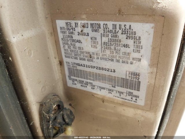45223143 :رقم المزاد ، 1FMDA31U0PZB80213 vin ، 1993 Ford Aerostar مزاد بيع