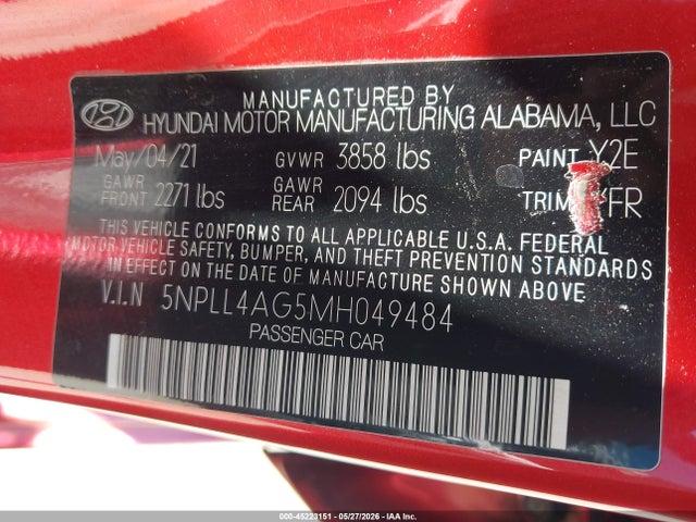 Продаж на аукціоні авто 2021 Hyundai Elantra Se, vin: 5NPLL4AG5MH049484, номер лоту: 45223151