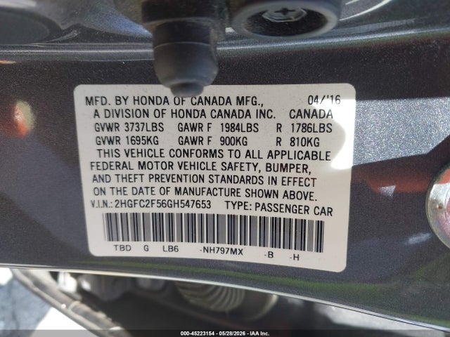 45223154 :رقم المزاد ، 2HGFC2F56GH547653 vin ، 2016 Honda Civic Lx مزاد بيع