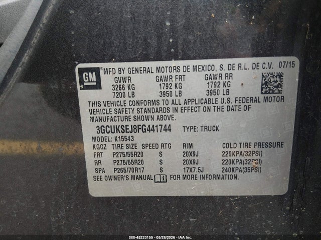 Aukcja sprzedaży 2015 Chevrolet Silverado 1500 2lz, vin: 3GCUKSEJ8FG441744, numer aukcji: 45223155