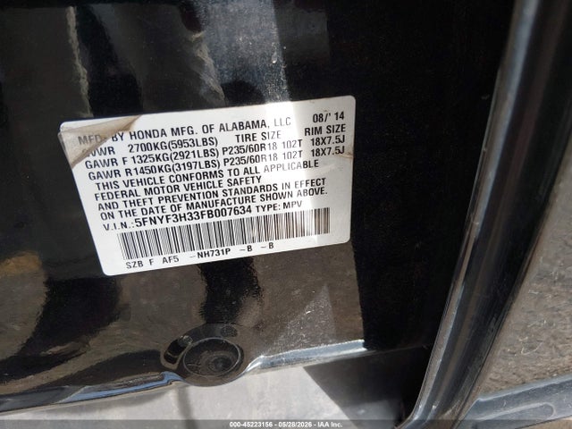 Auction sale of the 2015 Honda Pilot Se, vin: 5FNYF3H33FB007634, lot number: 45223156