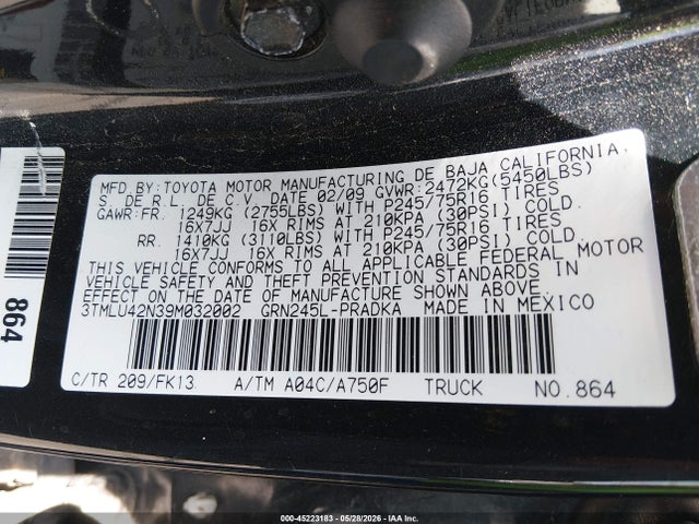 Aukcja sprzedaży 2009 Toyota Tacoma Base V6, vin: 3TMLU42N39M032002, numer aukcji: 45223183