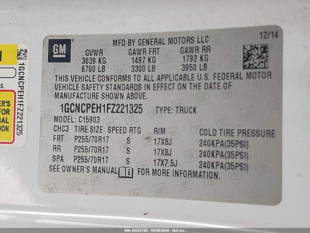 45223188 :رقم المزاد ، 1GCNCPEH1FZ221325 vin ، 2015 Chevrolet Silverado 1500 Wt مزاد بيع