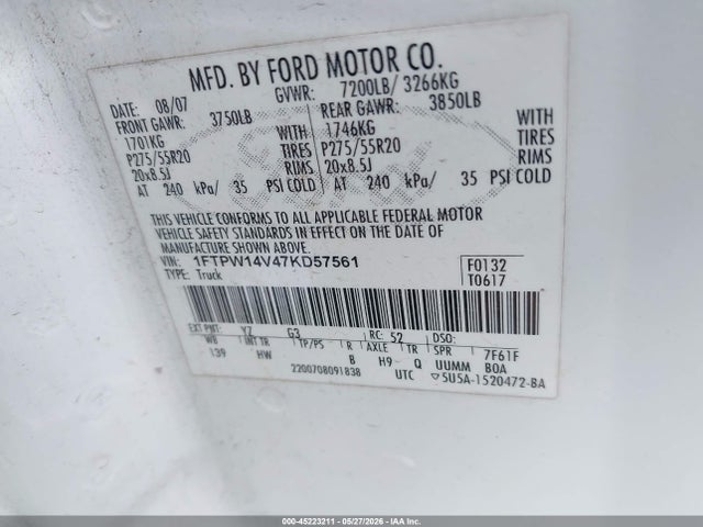 Aukcja sprzedaży 2007 Ford F-150 Fx4/lariat/xlt, vin: 1FTPW14V47KD57561, numer aukcji: 45223211