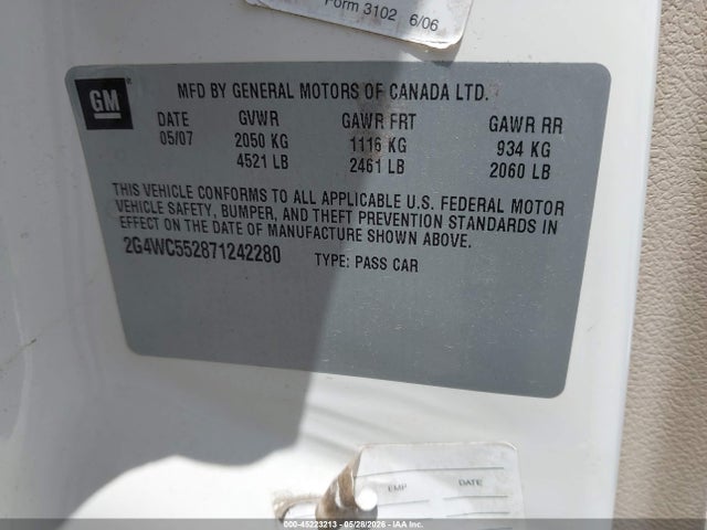 45223213 :رقم المزاد ، 2G4WC552871242280 vin ، 2007 Buick Lacrosse Cx مزاد بيع
