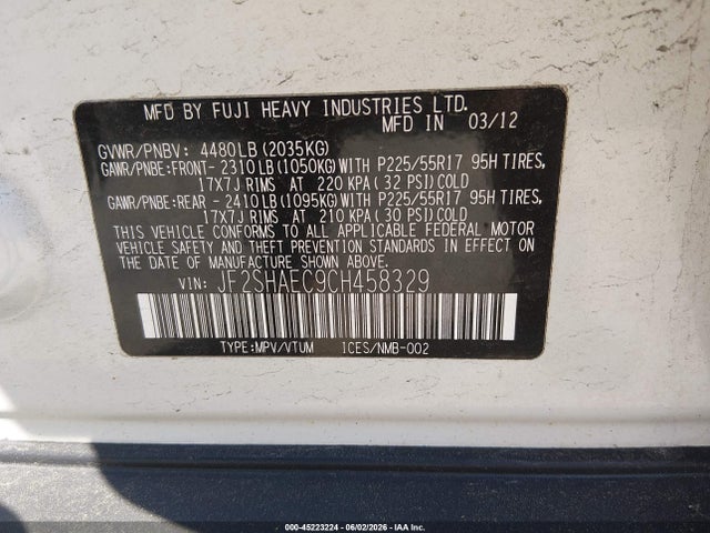 Продаж на аукціоні авто 2012 Subaru Forester 2.5x Limited, vin: JF2SHAEC9CH458329, номер лоту: 45223224