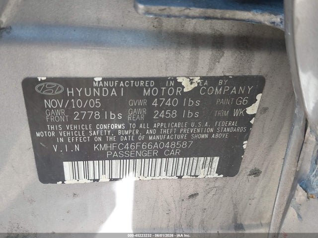 2006 Hyundai Azera Limited/se მანქანა იყიდება აუქციონზე, vin: KMHFC46F66A048587, აუქციონის ნომერი: 45223232