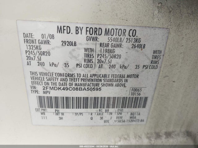 Продаж на аукціоні авто 2008 Ford Edge Limited, vin: 2FMDK49C08BA50595, номер лоту: 45223244