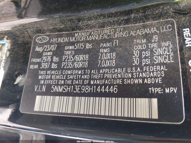 Aukcja sprzedaży 2008 Hyundai Santa Fe Limited/se, vin: 5NMSH13E98H144446, numer aukcji: 45223260