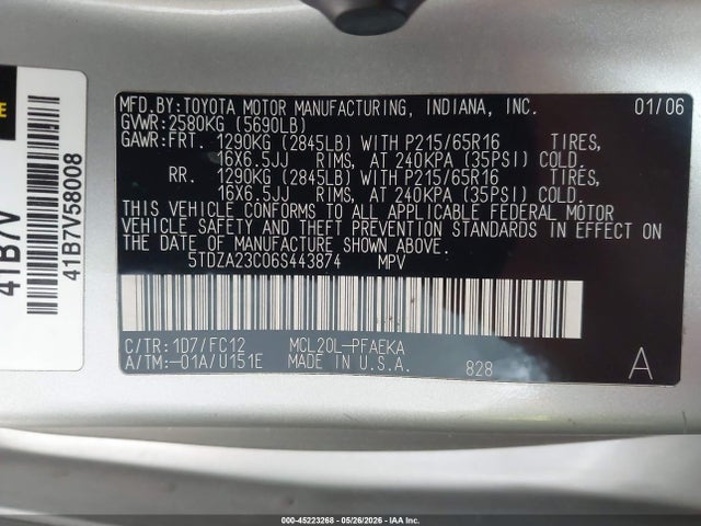 Aukcja sprzedaży 2006 Toyota Sienna Le, vin: 5TDZA23C06S443874, numer aukcji: 45223268