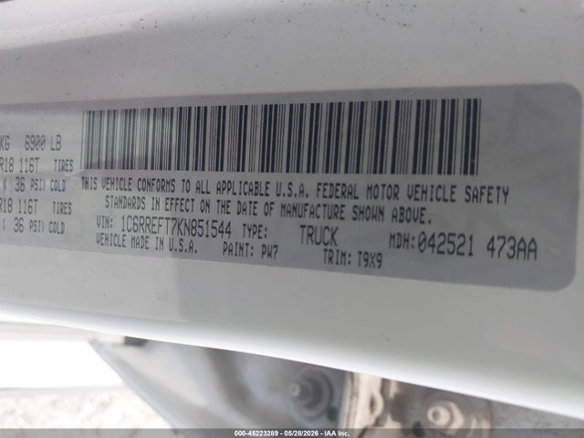 45223289 :رقم المزاد ، 1C6RREFT7KN851544 vin ، 2019 Ram 1500 Big Horn/lone Star  4x2 5'7 Box مزاد بيع