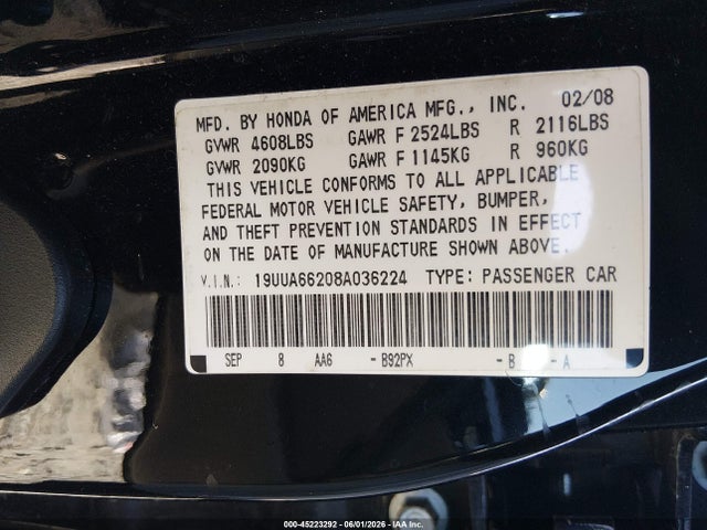 Продаж на аукціоні авто 2008 Acura Tl 3.2, vin: 19UUA66208A036224, номер лоту: 45223292