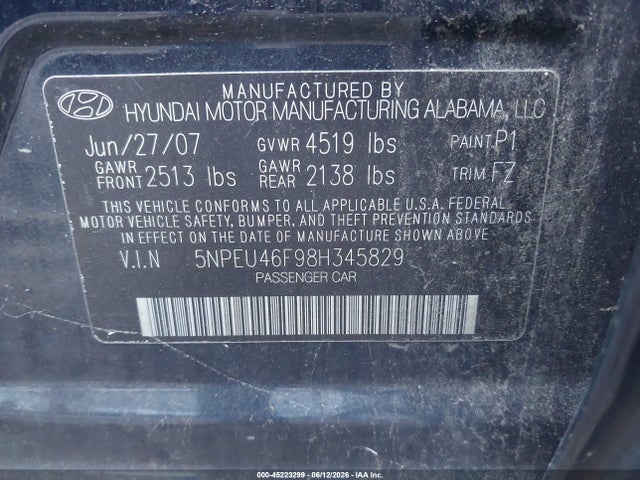 Aukcja sprzedaży 2008 Hyundai Sonata Limited V6/se V6, vin: 5NPEU46F98H345829, numer aukcji: 45223299